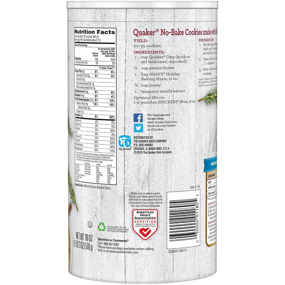 Quaker Oats Quick 1 - Minute Oatmeal, 18 oz (Pack of 2)
